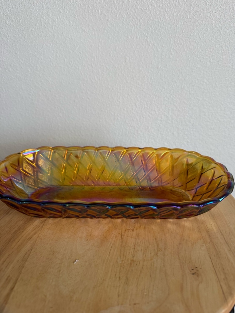 Vintage Indiana Glass Amber Gold Carnival Oval Serving Dish Basket Weave